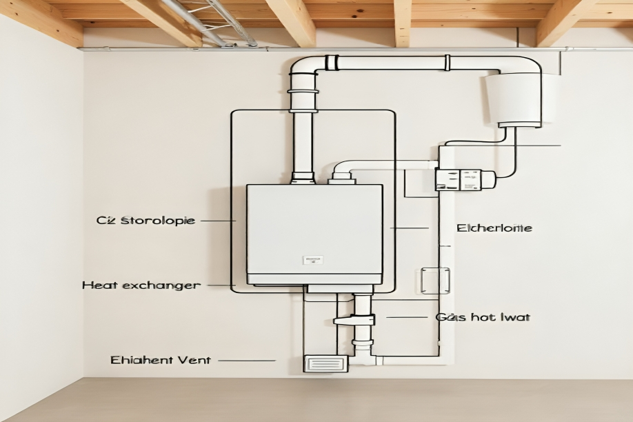 Diagram shows heat exchanger, gas hot water.